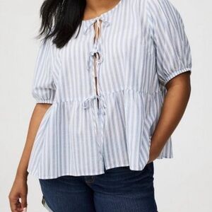 Torrid New Size 4X Blue and White Peplum Blouse with Tie Front